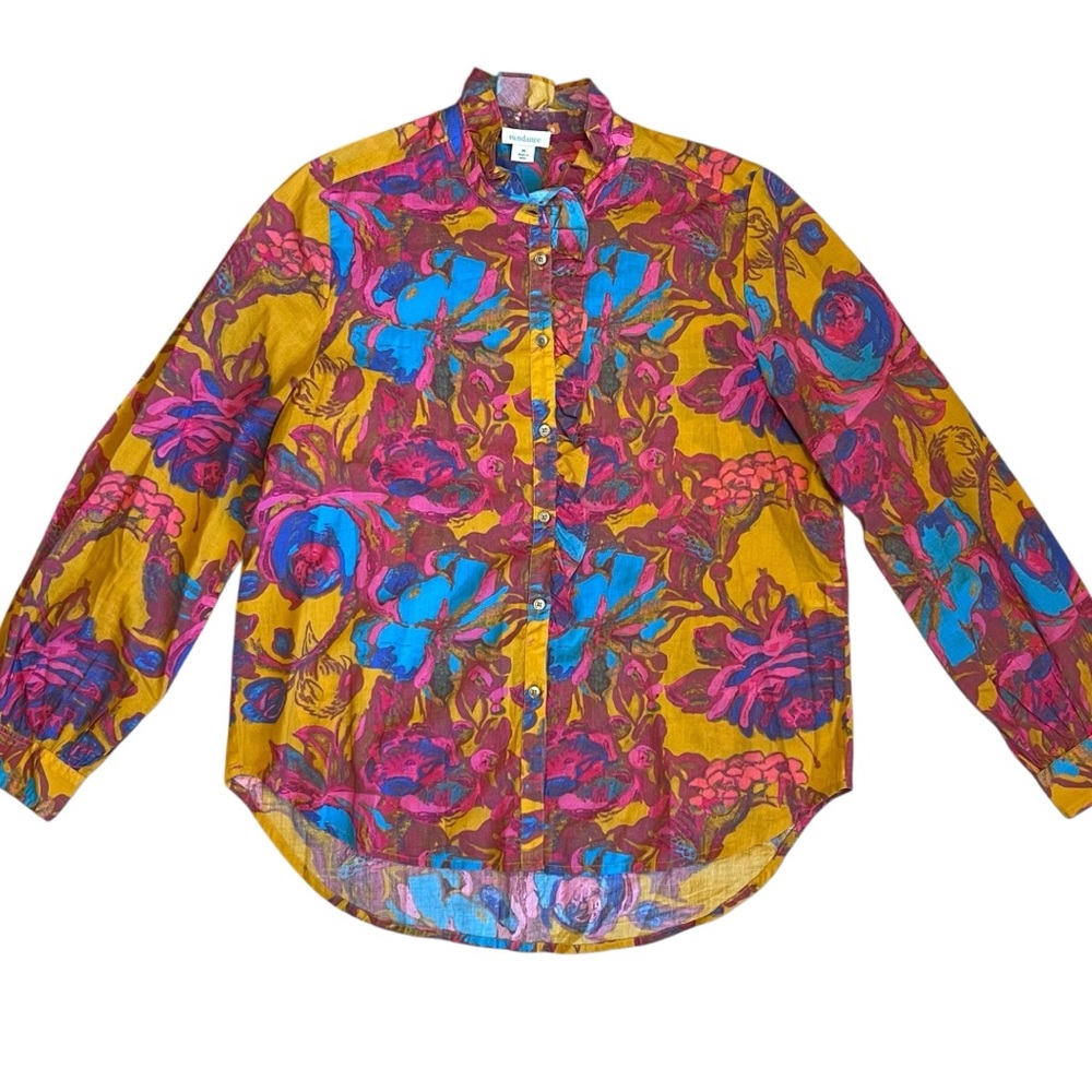 Sundance Women’s M Yellow Floral Cotton Lightweight Blouse Shirt Ruffle Collar - Picture 3 of 13
